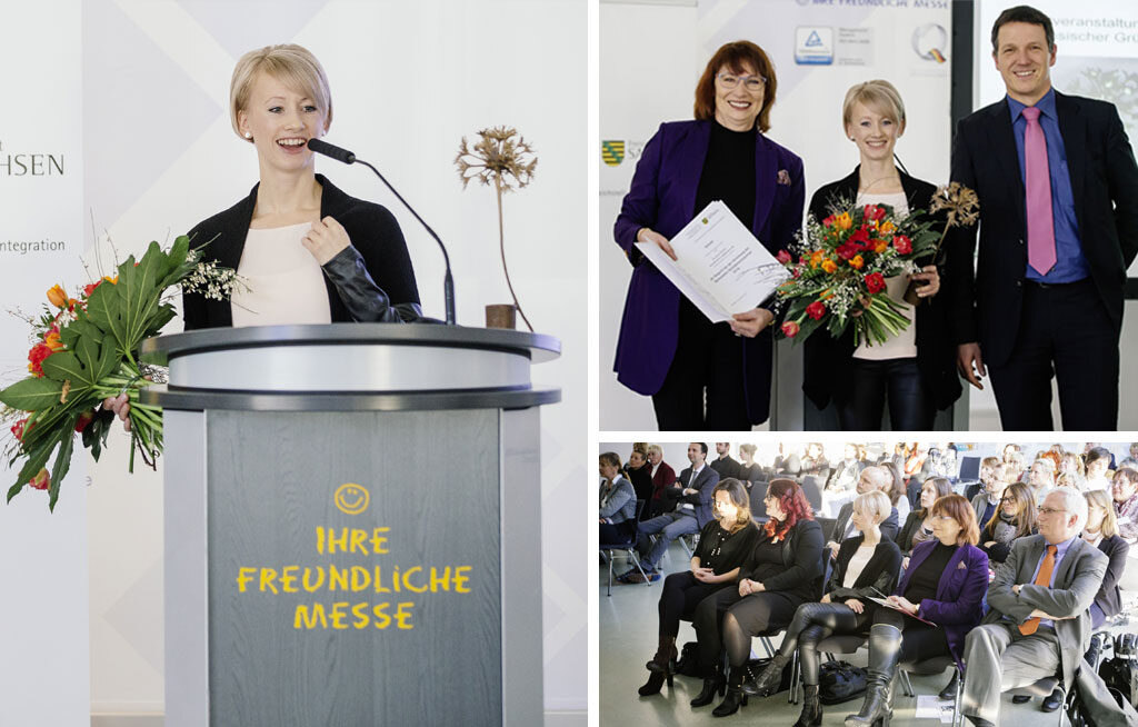 Collage aus drei Fotos, links in groß eine Frau am Mikrofon, rechts oben ein Mann und zwe Frauen, die eine Urkunde und einen Blumenstrauß halten, rechts unten mehrere Menschen sitzen nebeneinander im Publikum